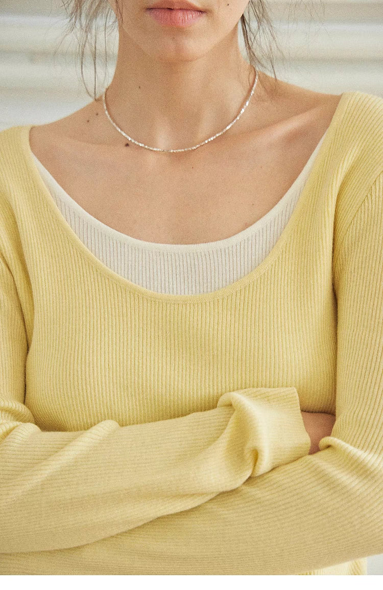 Layered Elegance Knit Sweater Top yellow close up neckline detail ribbed knit layered inner design
