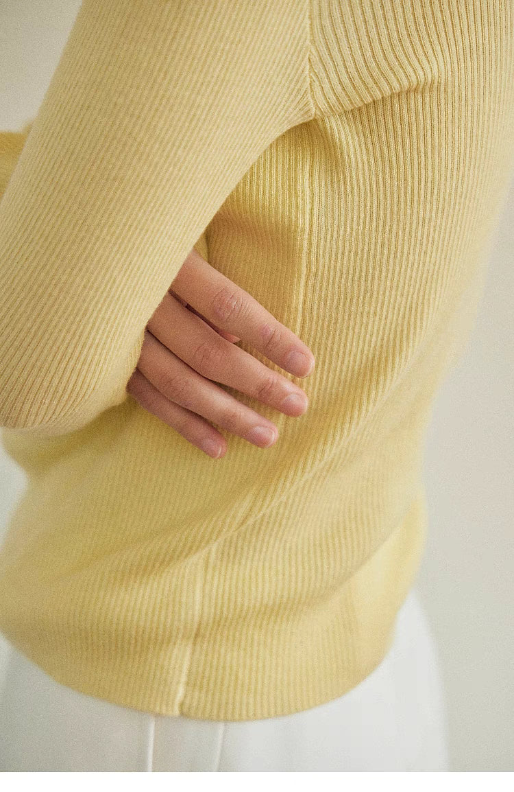 Layered Elegance Knit Sweater Top yellow close up sleeve detail soft ribbed texture slim fit