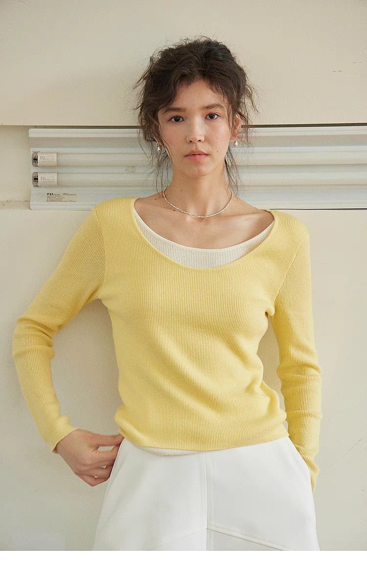 Layered Elegance Knit Sweater Top yellow front view portrait slim fit layered neckline design