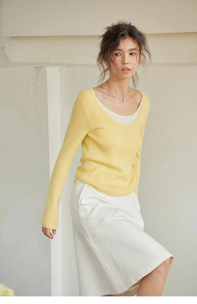 Layered Elegance Knit Sweater Top yellow full body outfit with skirt slim fit casual styling