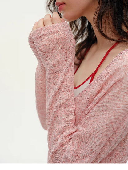 Close-up sleeve and texture detail of Misty Pink lightweight layered knit top