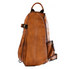 Camel brown leather sling bag, front view, single-strap backpack with side zip pocket.