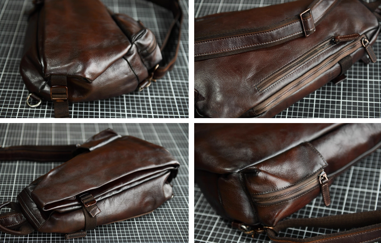 Close-up collage of dark brown leather sling bag showing back zipper, bottom, and pocket details.