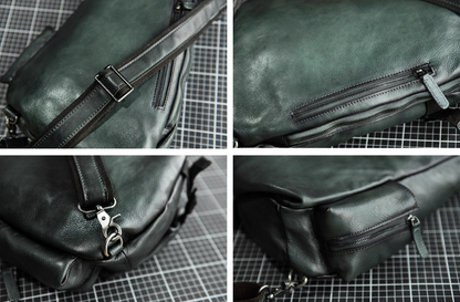 Detail collage of olive green leather sling bag showing hardware, zippers, and bottom pocket.