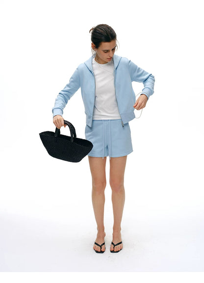 Full-length view of Light Blue French terry hoodie and shorts set