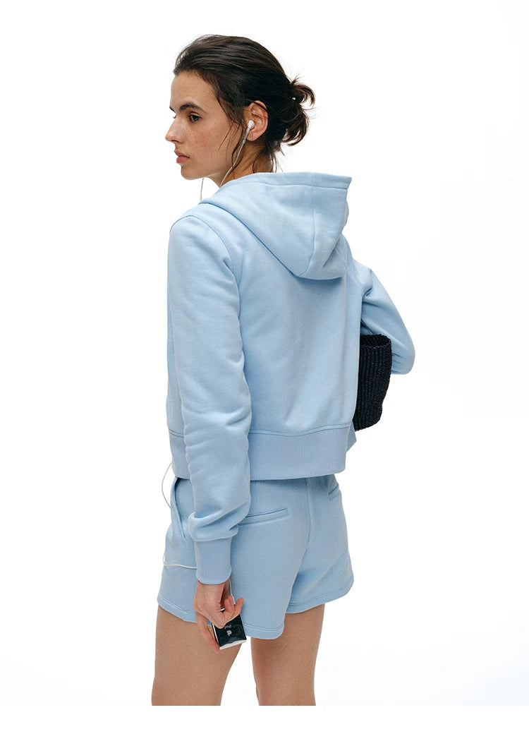 Back view of Light Blue zip hoodie and shorts showing hood and back welt pockets