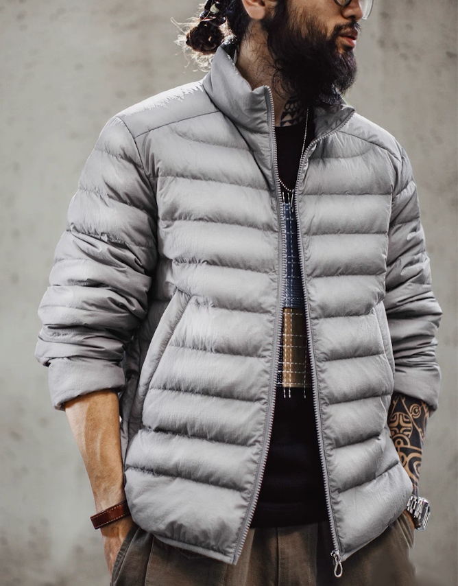 Light Grey Down Jacket on model styled for urban casual look