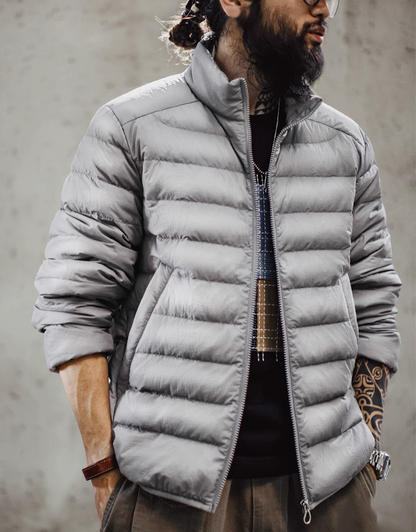 Light Grey Down Jacket on model styled for urban casual look