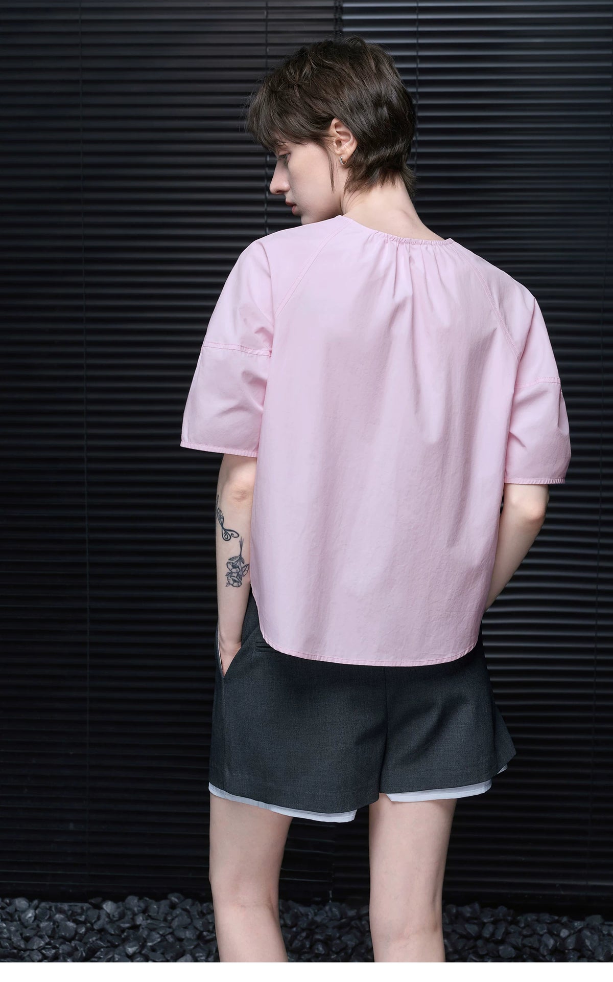 Back view of Light Pink cotton blouse showing gathered neckline and raglan sleeves