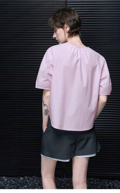 Back view of Light Pink cotton blouse showing gathered neckline and raglan sleeves