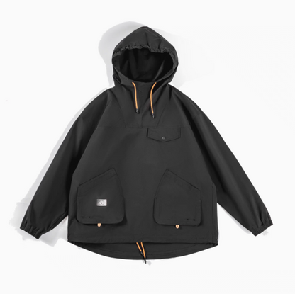 Lightweight Hooded Anorak Jacket for Everyday Wear in Charcoal Black front view showing pullover design, adjustable hood and large front pockets