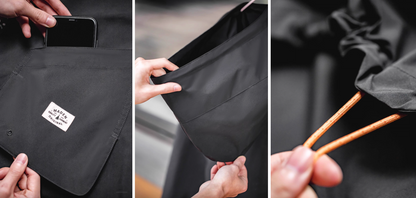 Charcoal Black Lightweight Hooded Anorak Jacket detail collage showing inner pocket storage, fabric flexibility and adjustable hood drawcord