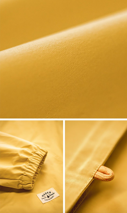 Close-up collage of Ginger Yellow Lightweight Hooded Anorak Jacket showing fabric texture, elastic cuff and hem drawcord detail