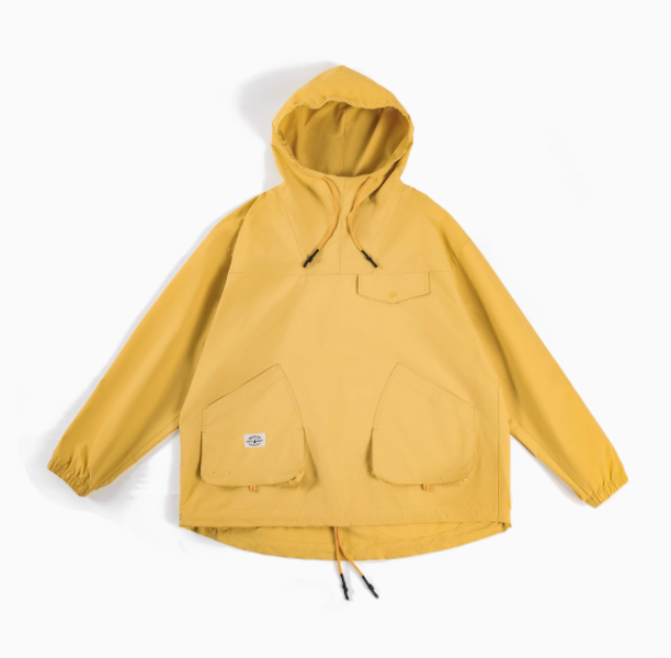Lightweight Hooded Anorak Jacket for Everyday Wear in Ginger Yellow front view showing pullover design, adjustable hood and large front pockets