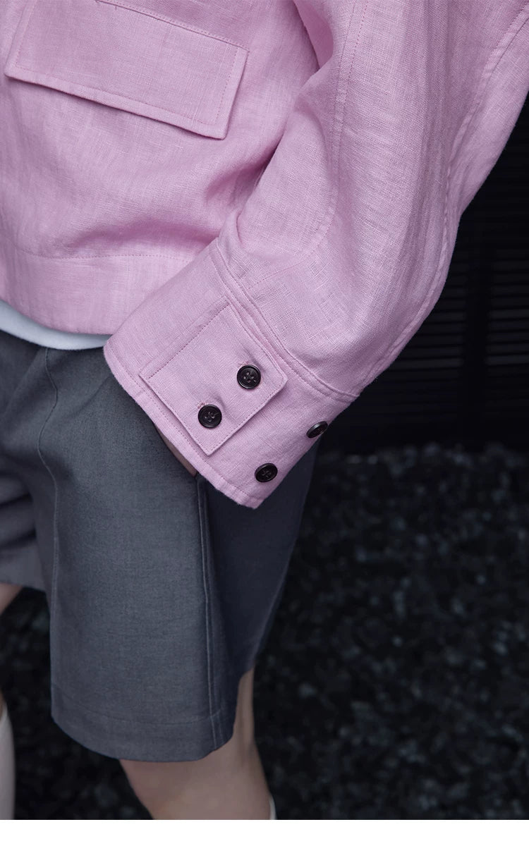 Close-up of a Lilac Pink linen jacket&