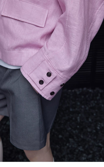 Close-up of a Lilac Pink linen jacket&