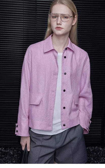 Front view of a Lilac Pink linen utility jacket with point collar and dark contrast buttons
