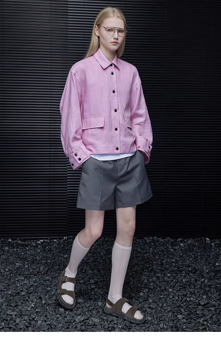 Full-length view of a Lilac Pink boxy cropped linen jacket with dropped shoulders