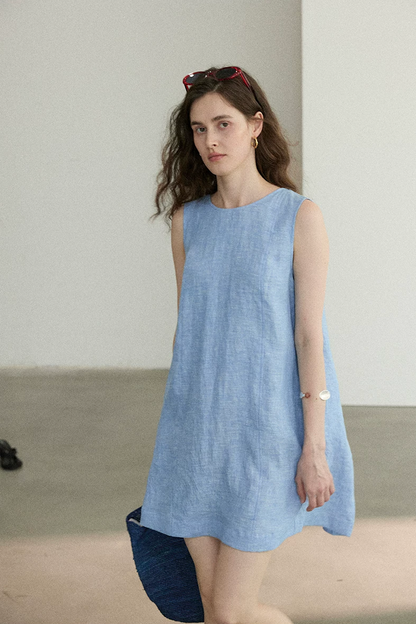 Chambray blue linen A-line dress, close front view