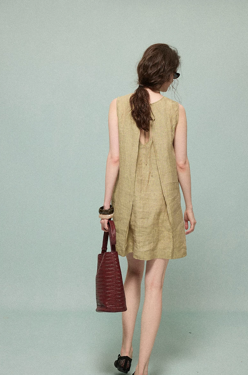 Olive linen A-line dress, full body back view