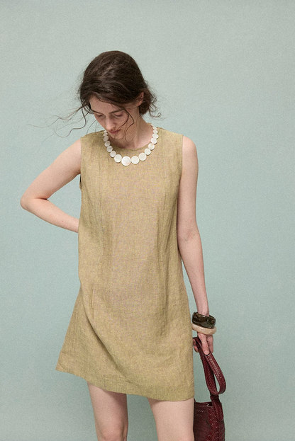 Olive linen A-line dress, front view