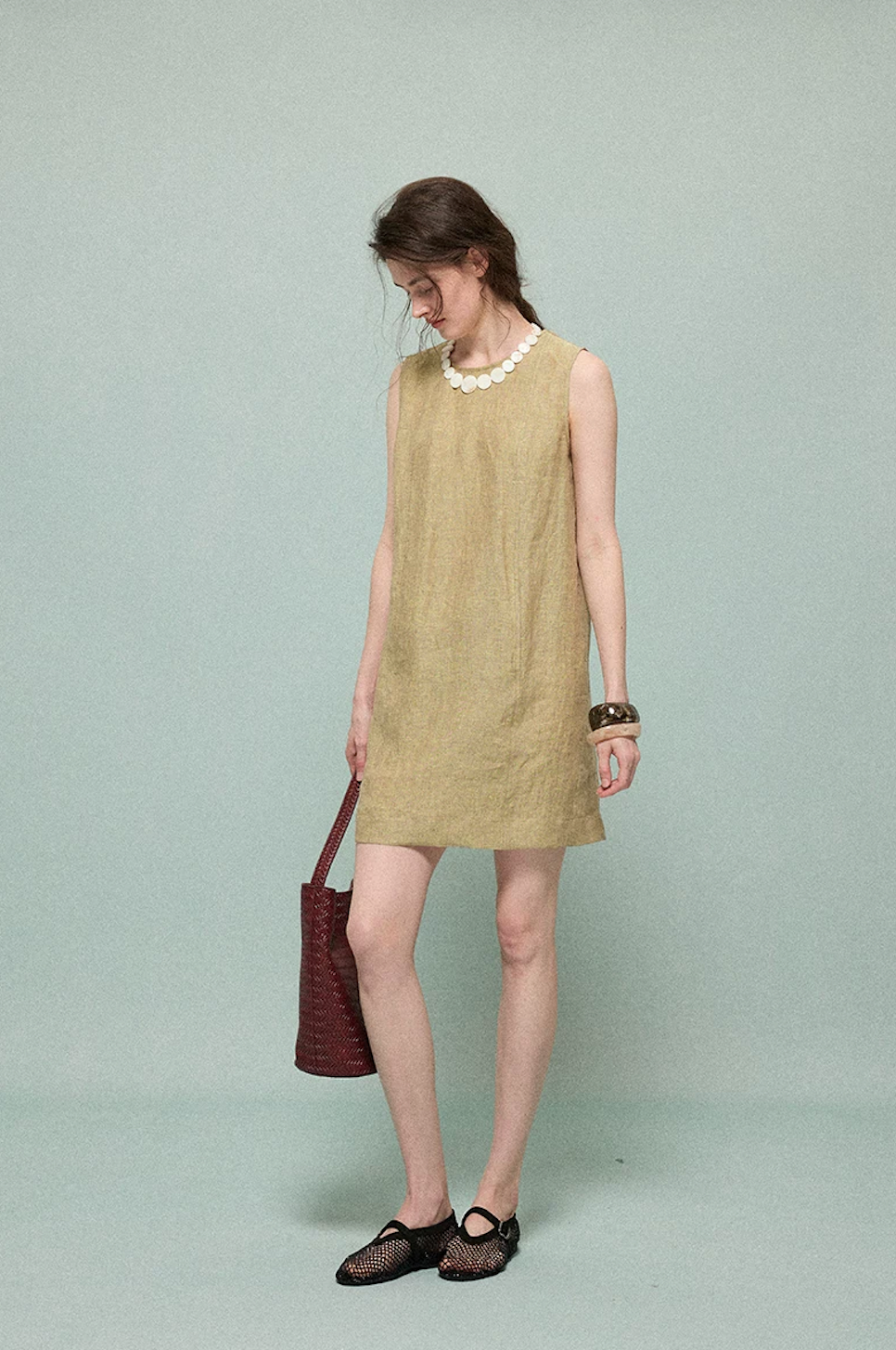 Olive linen A-line dress, full body front view