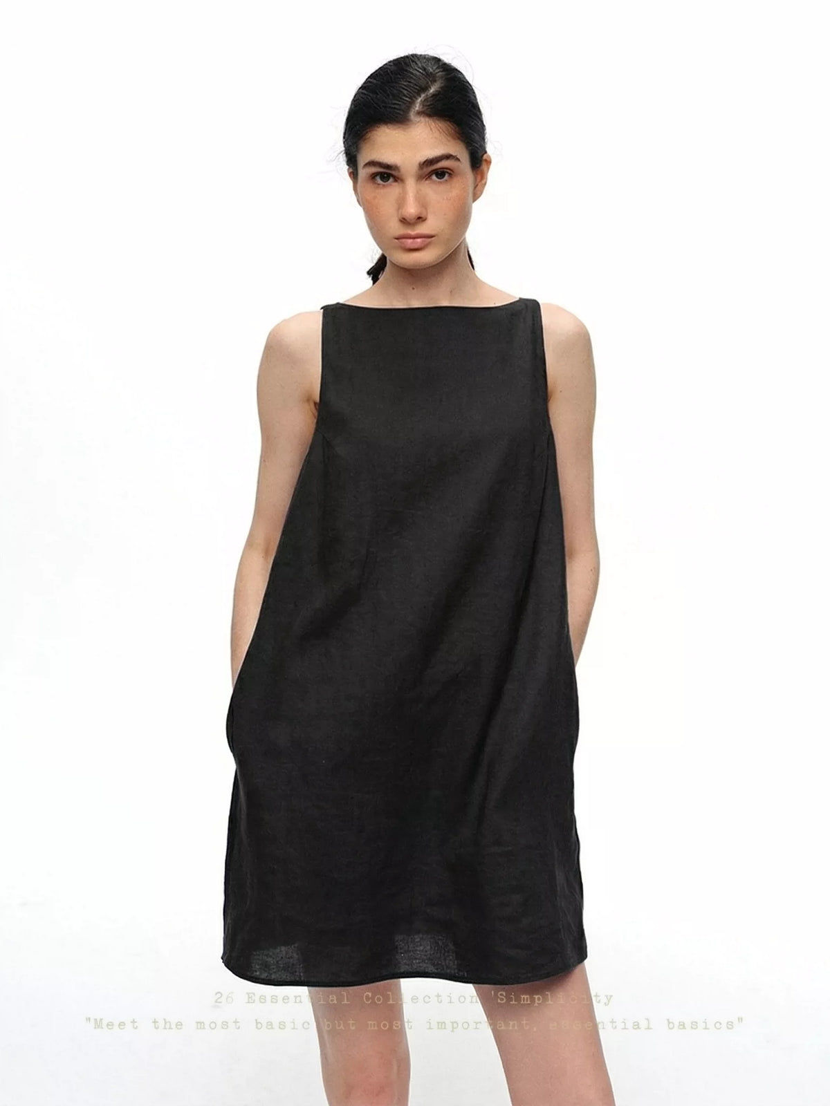 Black linen boatneck shift dress, front view