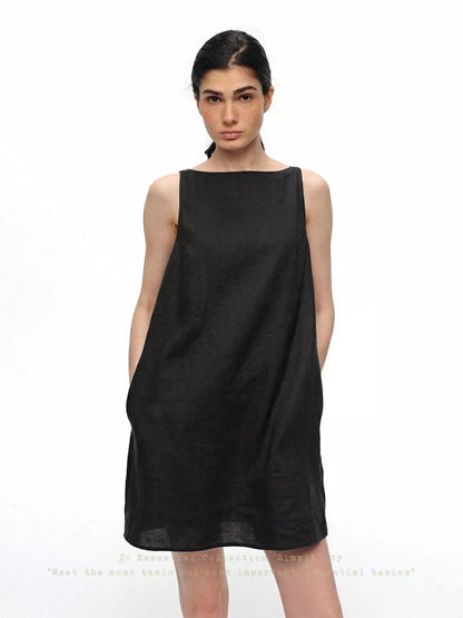 Black linen boatneck shift dress, front view