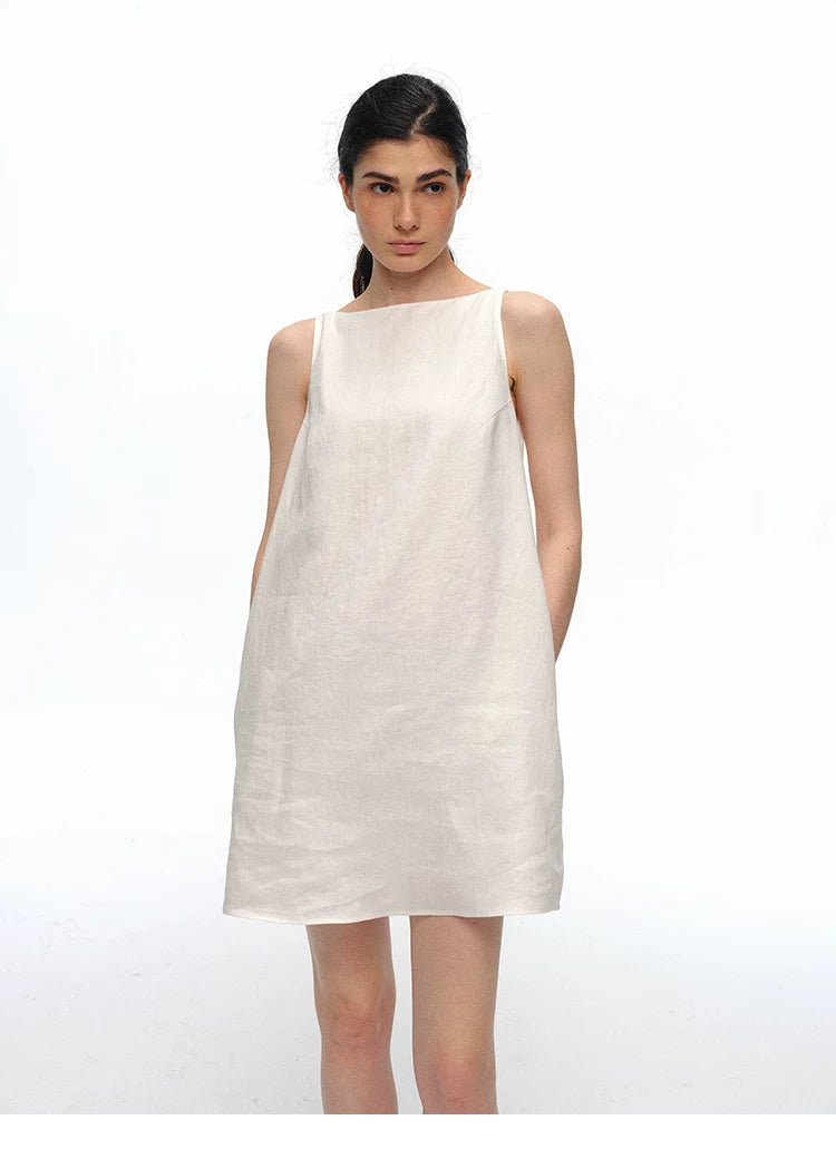 Ivory linen boatneck shift dress, front view