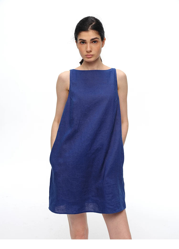 Royal blue linen boatneck shift dress, front view