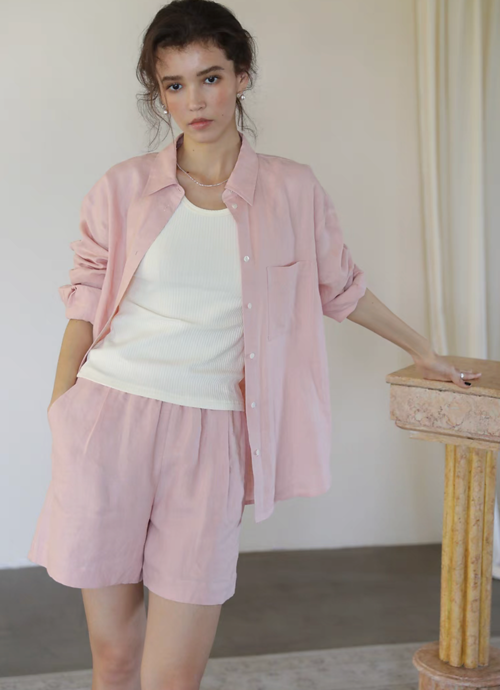 Pink linen collared shirt and high waisted shorts set front full body standing view casual summer outfit