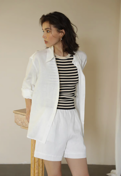 White linen shirt and shorts set front standing view casual relaxed summer outfit