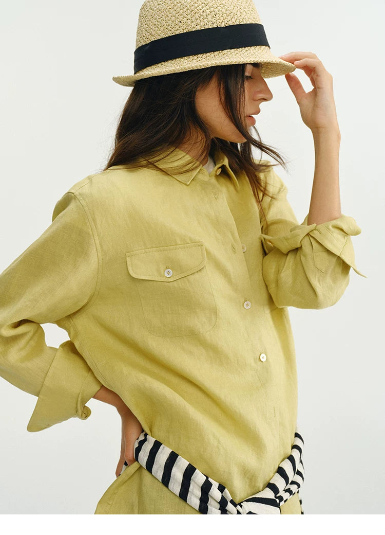Close-up of yellow linen utility shirt chest pocket and collar detail