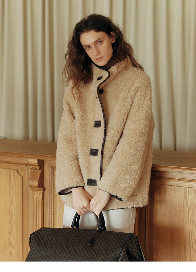 Front view of Luxe Contrast Shearling Coat in Apricot Beige short style highlighting toggle-button closure, stand collar, and cozy wool shearling finish