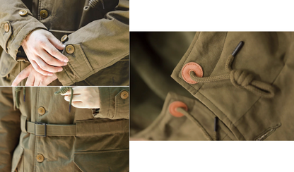 Close-up collage of M47 Heritage Explorer Parka Coat in military green showing cuff buttons, drawstring details, and fabric construction