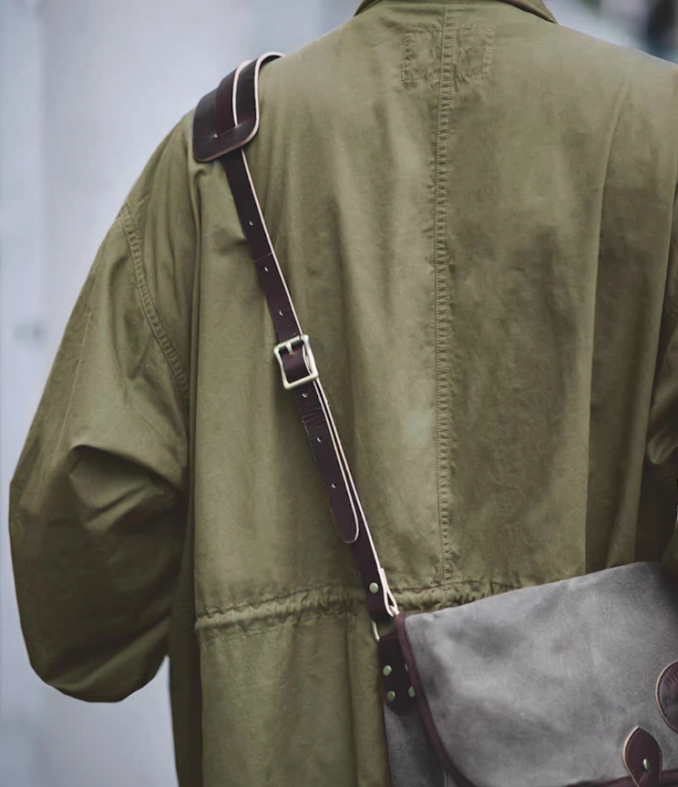Back shoulder detail of M-65 fishtail parka with strap