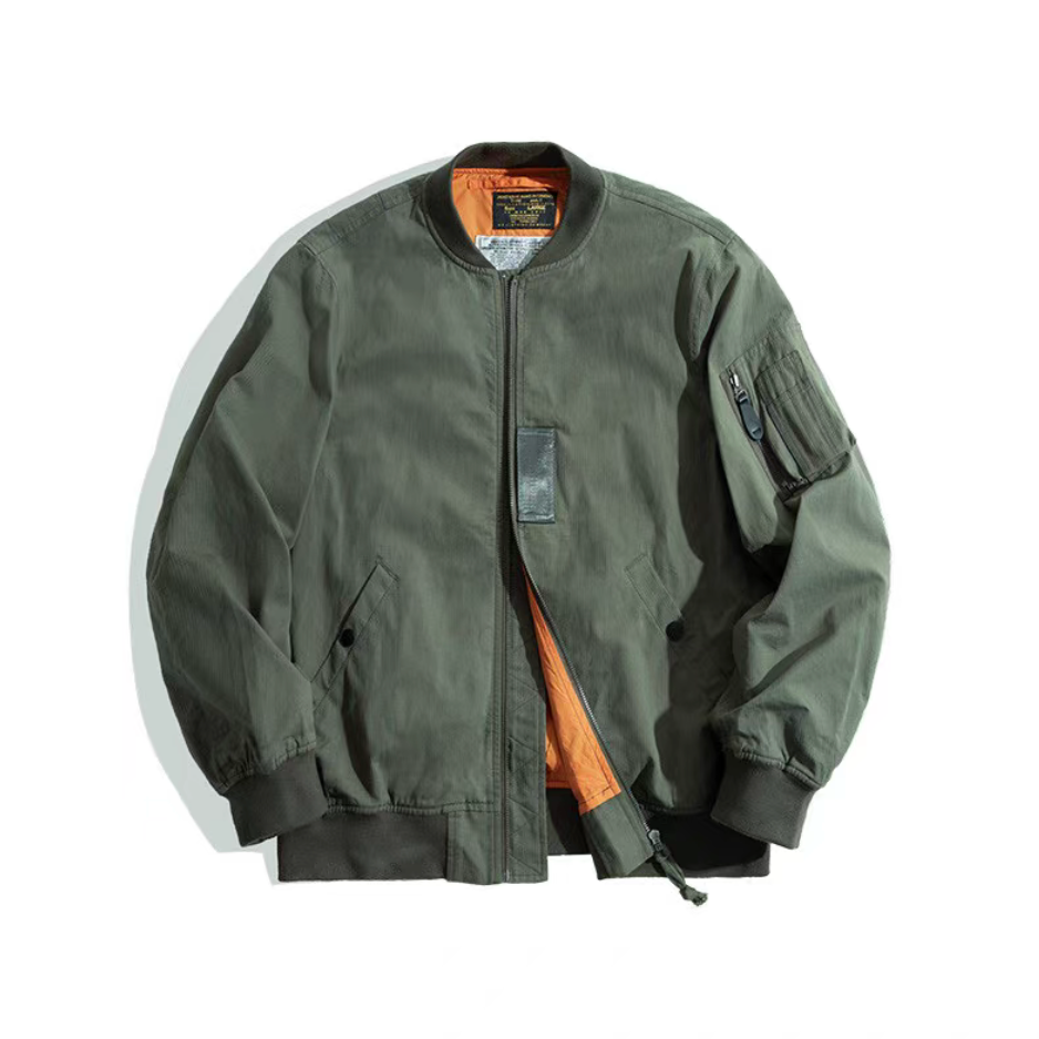 MA-1 bomber flight jacket in army green with orange lining front view