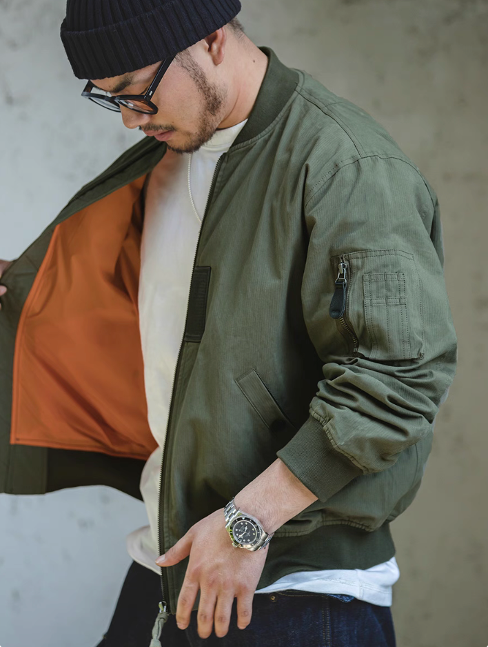 Interior orange lining detail of MA-1 bomber flight jacket