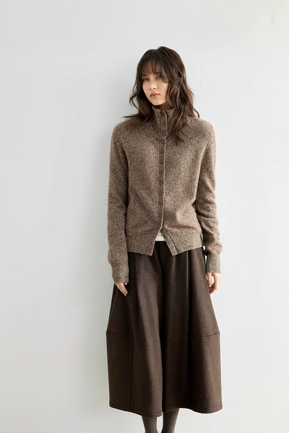 Heather brown marled wool cardigan, full body front view