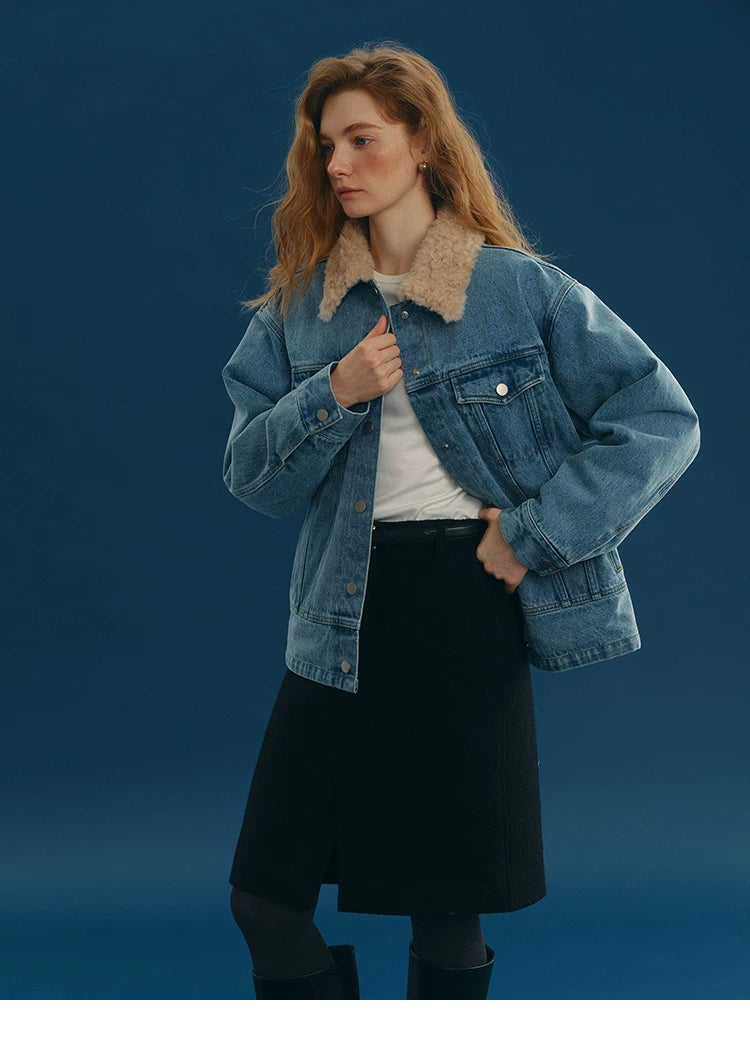 Close-up of a Medium Blue denim jacket&