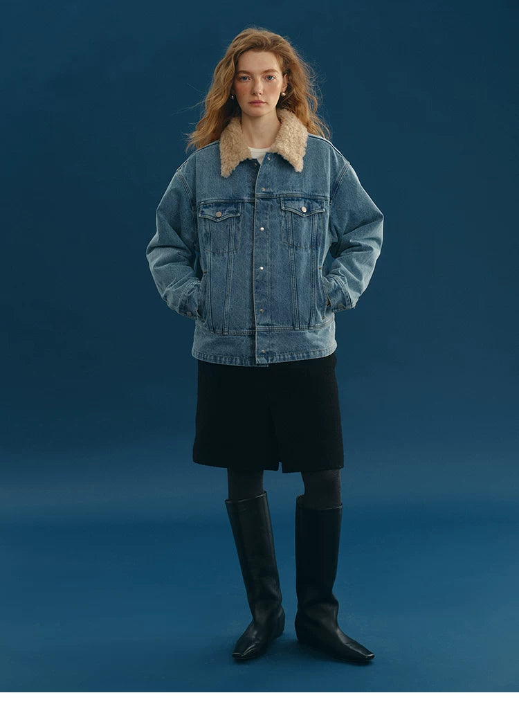Full-length front view of a Medium Blue padded denim jacket with oatmeal wool collar and flap chest pockets
