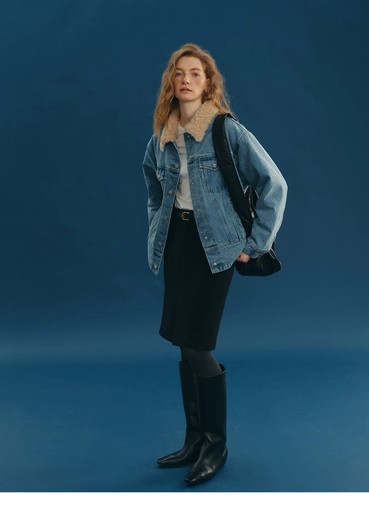 Medium Blue oversized denim jacket worn open with curly wool point collar