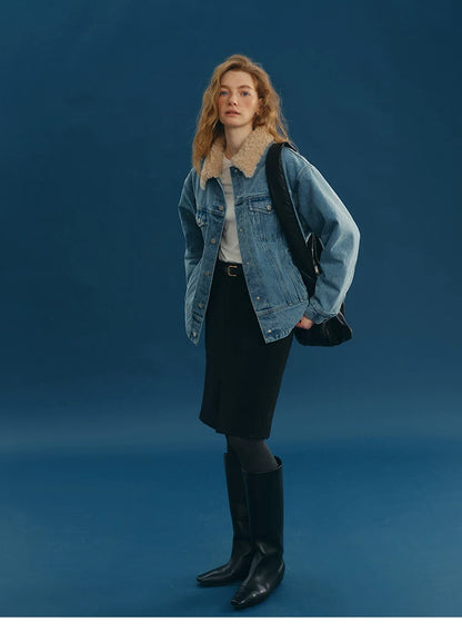 Medium Blue oversized denim jacket worn open with curly wool point collar