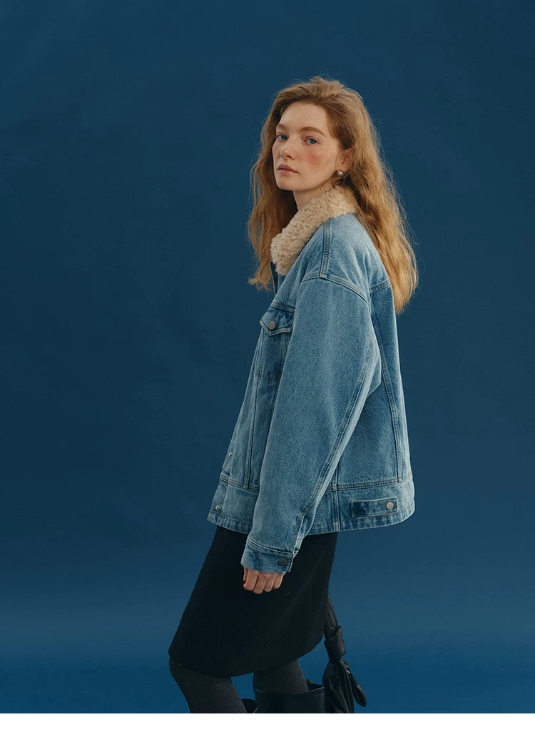 Side profile of a Medium Blue padded denim jacket with button-tab hem adjuster and wool collar