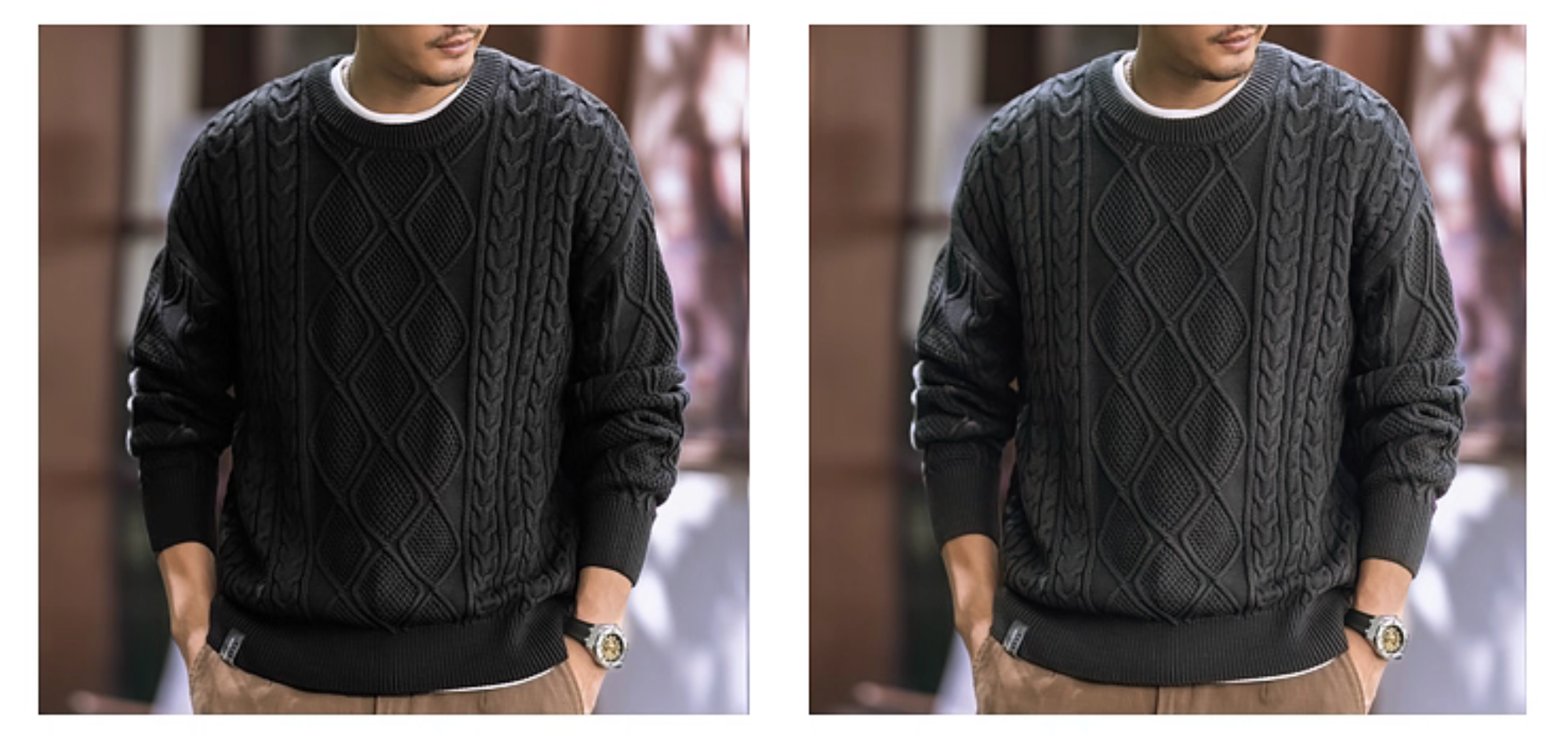 Men’s black and dark grey diamond cable knit sweaters side-by-side, classic crewneck pullover comparison for fall and winter.