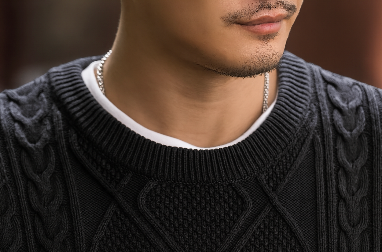 Close-up of crewneck collar on black cable knit sweater.