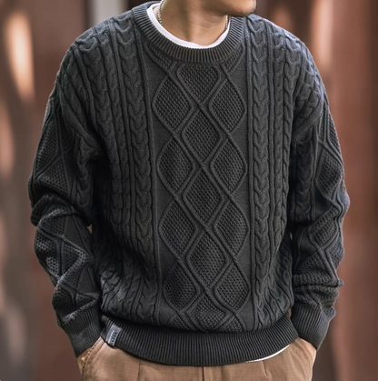Men’s dark grey diamond cable knit sweater, crewneck pullover.
