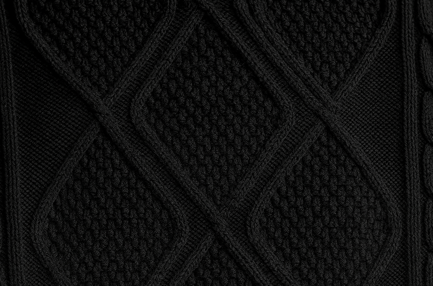 Fabric detail, diamond cable knit texture, black cotton blend.