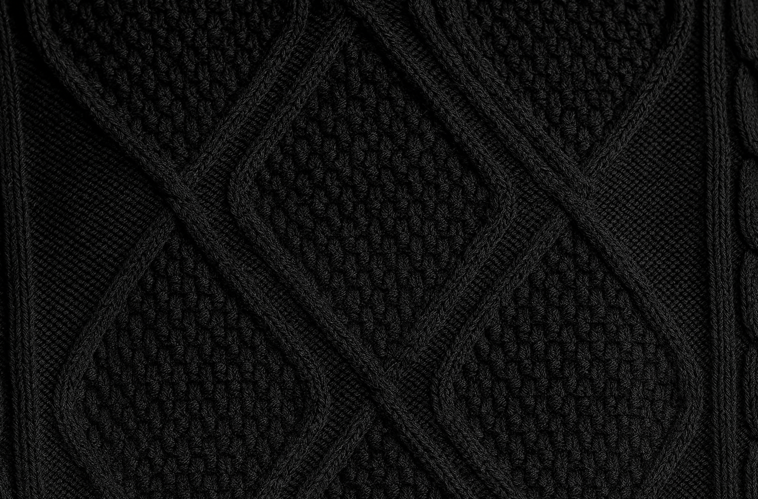 Fabric detail, diamond cable knit texture, black cotton blend.