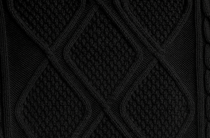 Fabric detail, diamond cable knit texture, black cotton blend.